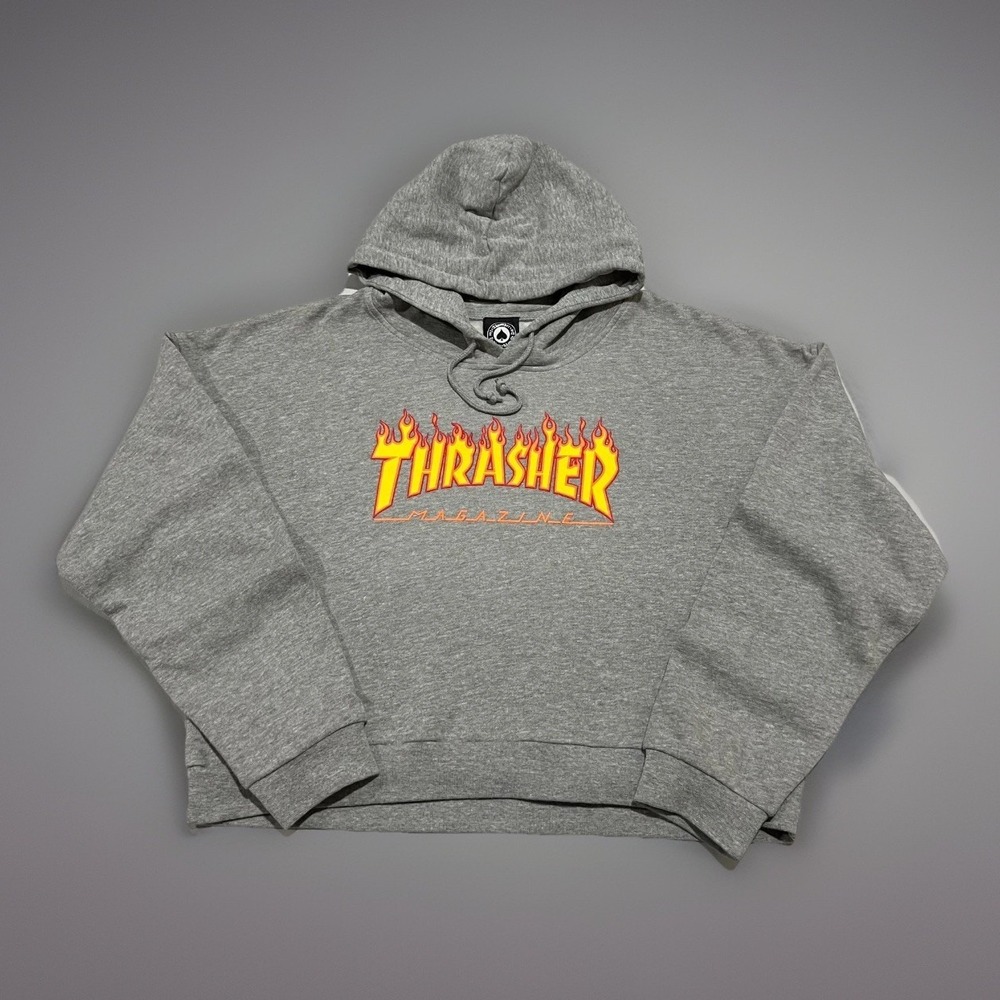 NWT Thrasher Womens Gray Flame Logo Oversized Cropped Skate Hoodie M